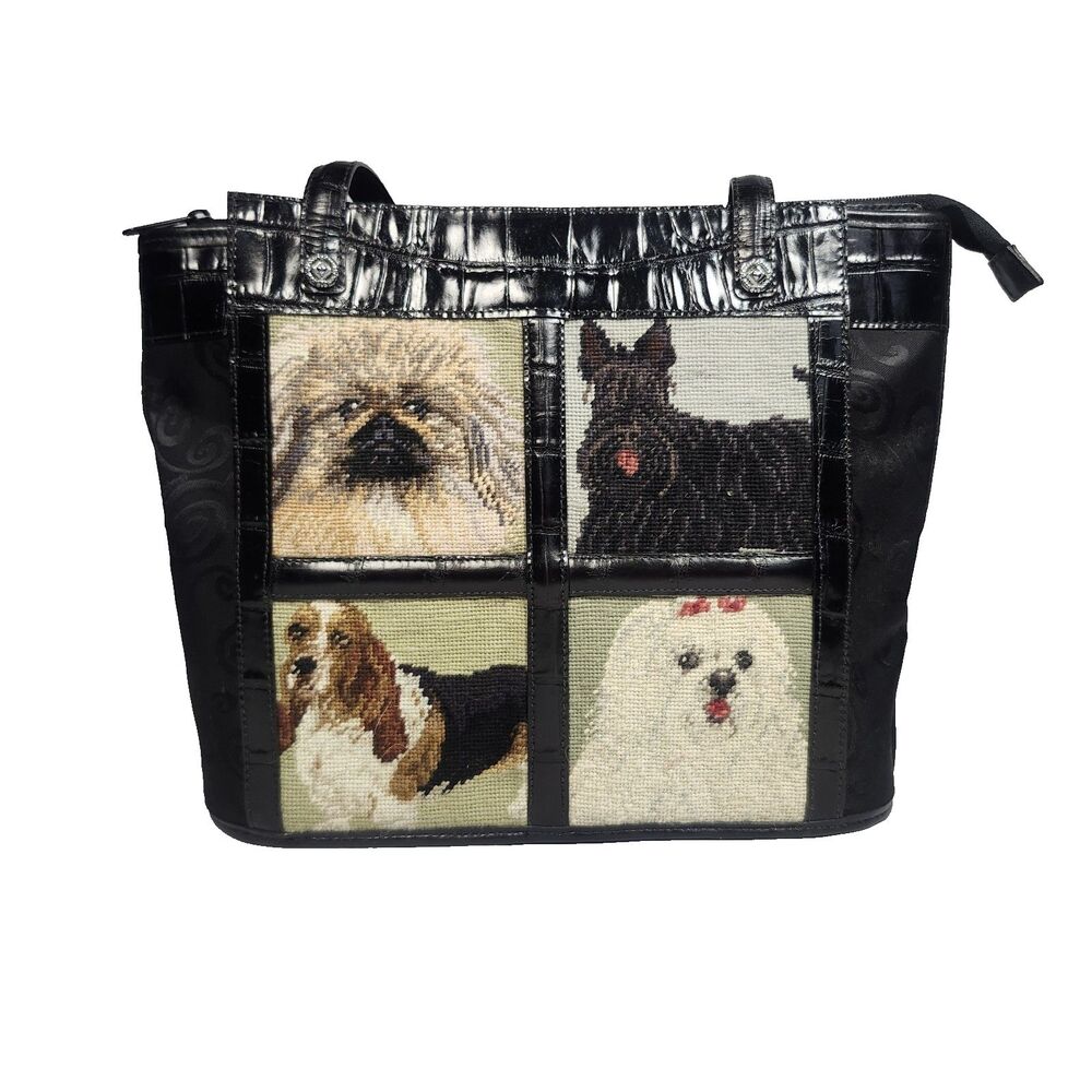 Brighton Vintage Black Needlepoint Dogs Puppies Shoulder Bag Tote Handbag HTF‎